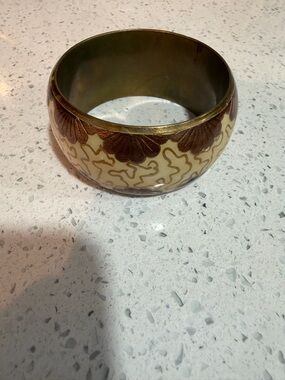 Wide Cream and Brown Bangle Bracelet with Brass Interior